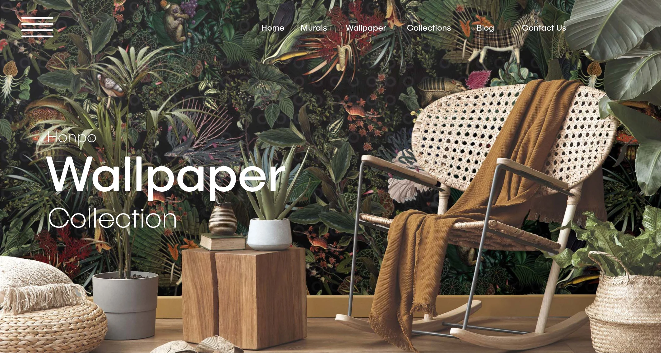 home interior with blue tropical wallpaper